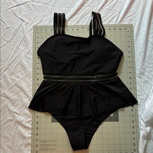 Black Peplum Swimsuit with Striped Straps